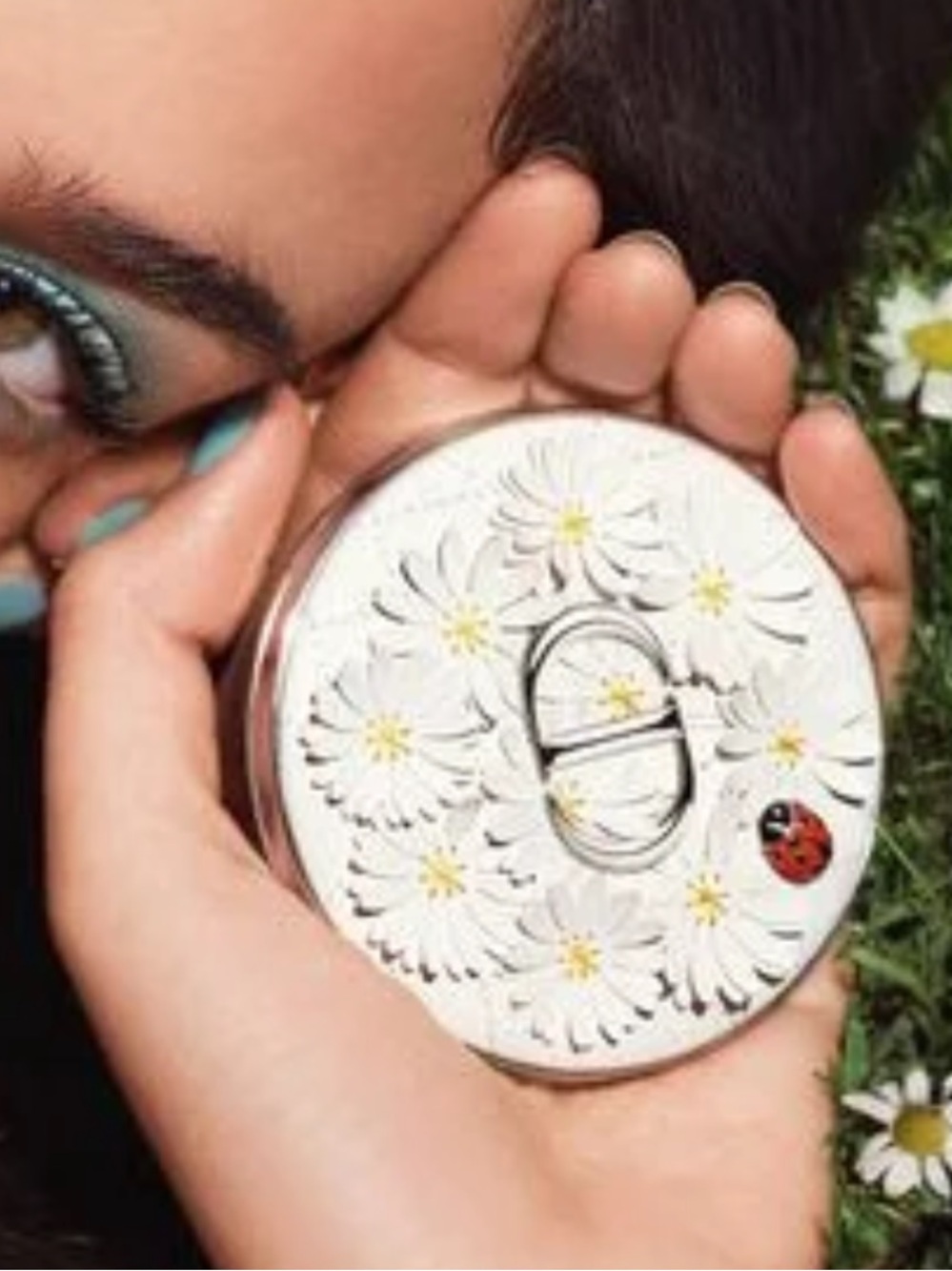 Dior Ladybug Limited Edition White Floral Compact with Gold Accents New